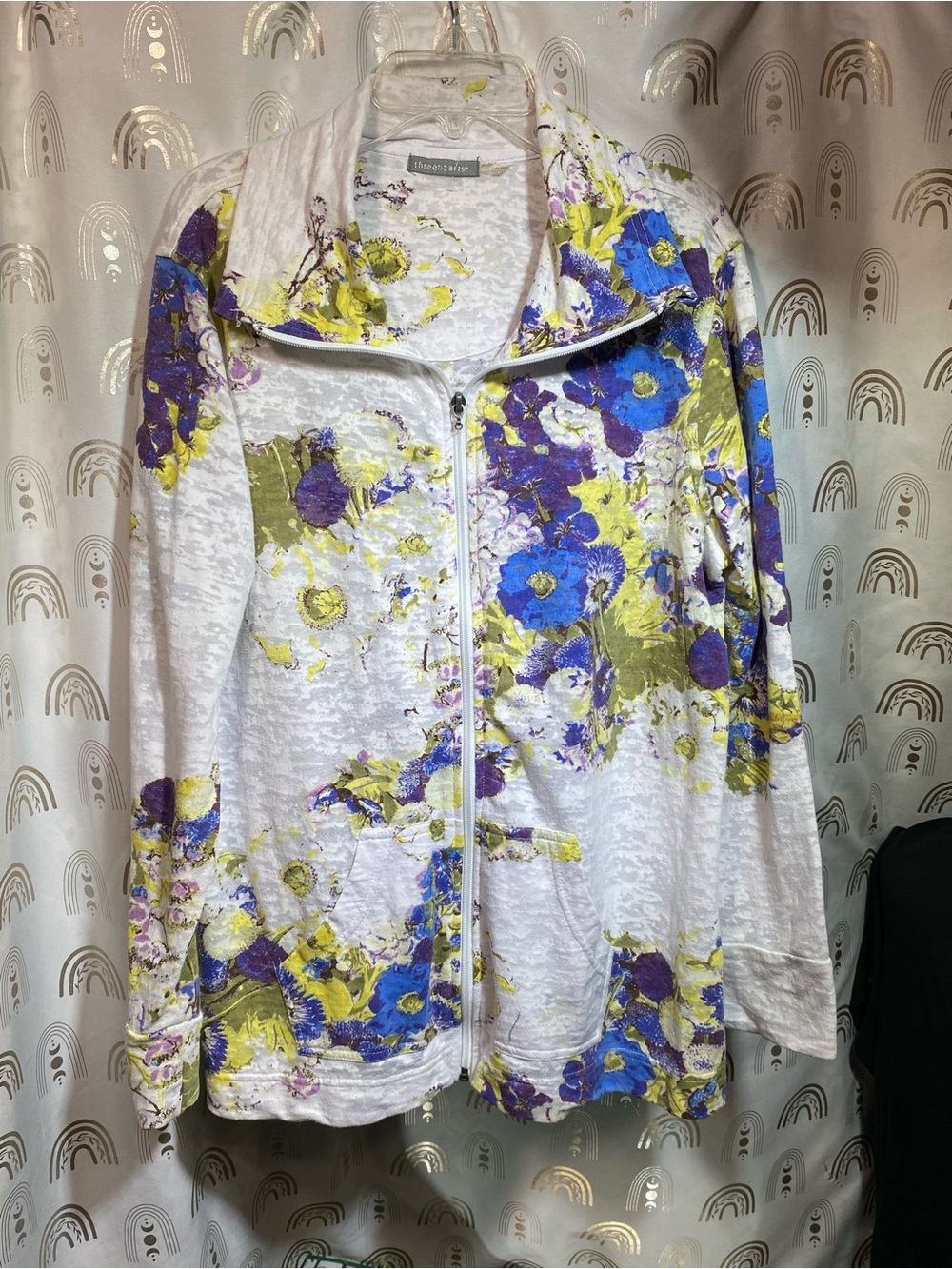 Three Hearts White Zip-Front Floral Jacket with Blue, Purple & Yellow Print
